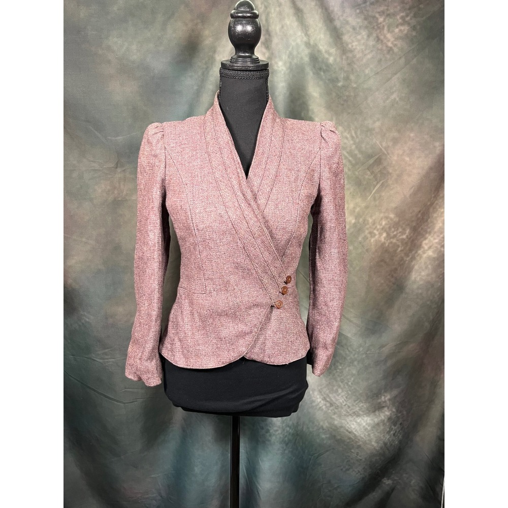 80s Peabody House Womens Mauve Tweed Wool Blend Wrap Blazer Jacket Size 7/8 XS